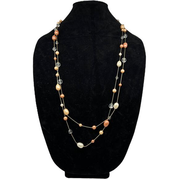 Elegant Peach and Silver Multi-Strand Beaded Necklace - Picture 2 of 13